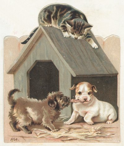 Lekne valper og kattunge, julekort av English School