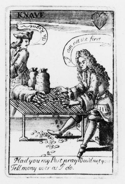 Spillekort til minne om den spanske arvefølgekrigen, hjertedrakt, ca. 1707 (gravering) (s/hvitt foto) (detalj av 115651) av English School