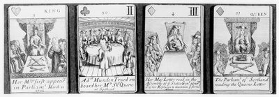 Spillekort som skildrer hendelser tidlig i dronning Annes regjeringstid, fra et sett til minne om den spanske arvefølgekrigen (1702-13) av English School