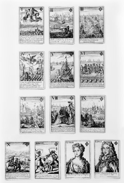 Spillekort med karakterer og scener fra tidlig 1700-tall av English School