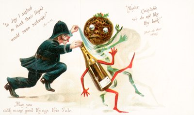 Politikonstabel jager julepudding og flaske vin, julekort av English School