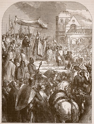 Pave Urban II forkynte det første korstoget på markedsplassen i Clermont, 1096, illustrasjon fra Cassells Illustrated History of England (sepiafoto) av English School
