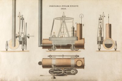 Bærbar dampmaskin, designet av Maudsley, Sons & Field, 1828 (penn og blekk og wc på papir) av English School