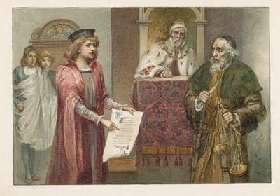 Portia, Shylock og dommeren i The Merchant of Venice av English School