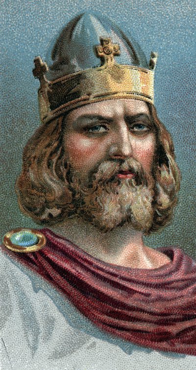 Portrett av Alfred den store (Alfred den store, 849-899), King of Wessex, 800-tallet e.Kr. - Fra serien "" Leaders of Men""" - Chromolithography - English School, 20. århundre - av English School