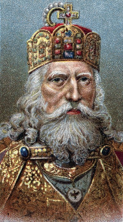Portrait of Charlemagne (742-814), King of the Franks - Charles the Great - Fra serien "" Leaders of Men"" - Chromolithography - English School, 20. århundre - av English School