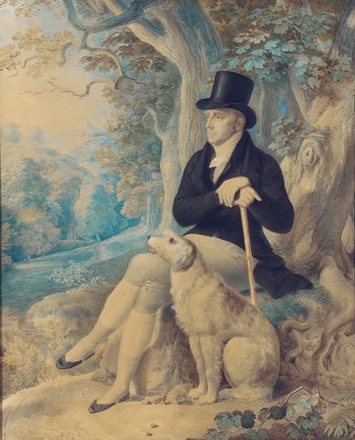 Portrett av Charles Lee, rektor for Wootton, full lengde, med en hund, i Wootton Park, Oxfordshire, 1861 av English School