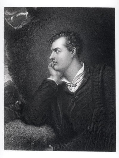 Portrett av George Gordon, 6. Lord Byron av Rochdale (1788-1824) (gravering) (s/hvitt foto) av English School