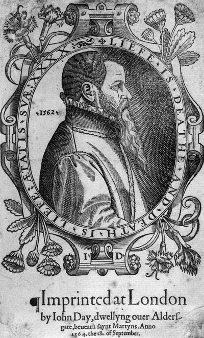 Portrett av John Day, frontispice til Foxes Book of Martyrs, 1564 av English School