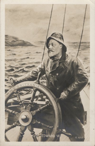 Portrett av kong Edward VII ved roret til HMS Britannia (litho) av English School
