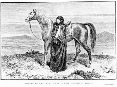 Portrett av Lady Anne Blunt (1837-1917) i arabisk drakt med en arabisk hest, frontispice til hennes bok A Pilgrimage to Nejd, utgitt 1881 av English School
