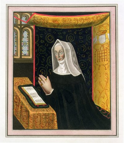 Portrett av Margaret Beaufort, grevinne av Richmond og Derby (1443-1509), grunnlegger av St. Johns College, Cambridge, fra The History of Cambridge, pub. av R. Ackermann, 1815 (fargeakvatint) av English School