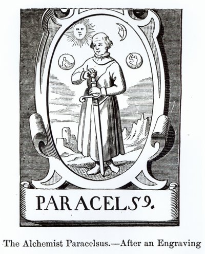 Portrett av Paracelsus (Philippus Aureolus Theophrastus) (1493-1541), illustrasjon fra Vitenskap og litteratur i middelalderen og renessansen, skrevet og gravert av Paul Lacroix, 1878 (woodc av English School