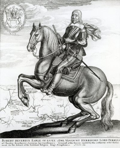 Portrett av Robert Devereux på hesteryggen av English School