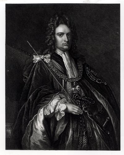Portrett av Robert Harley, første jarl av Oxford (1671-1724) (gravering) (bw-foto) av English School