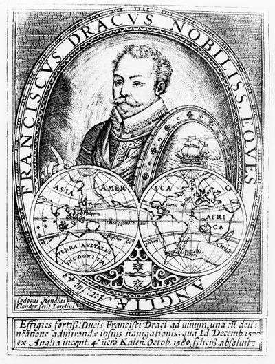 Portrett av Sir Francis Drake (ca. 1540-96) i en alder av 43, gravert av Jodocus Hondius (1567-1611) av English School