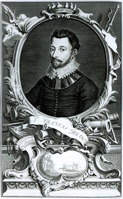 Portrett av Sir Francis Drake (ca. 1540-96) gravert av Jacobus Houbraken (1698-1780) (gravering) (bw-foto) av English School