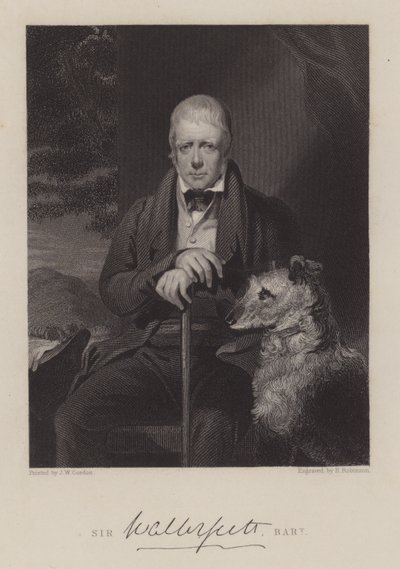 Portrett av Sir Walter Scott, med hund (gravering) av English School