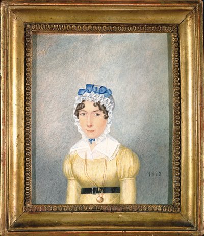 Portrett av en dame med en gylden medaljon, 1823 (gouache og wc på papir) av English School