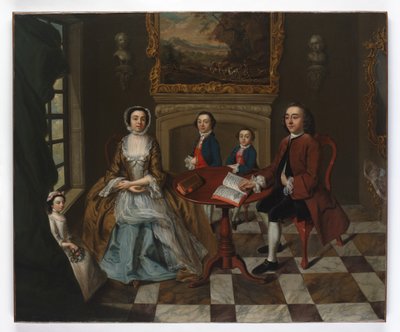 Portrett av en familie i et interiør, antatt å være Roubel-familien, 1750-tallet av English School