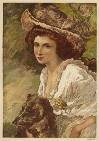 Portrett av en ung kvinne med en hund (farge litho) av English School