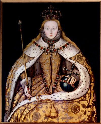 Portrett av dronning Elisabeth I i kroningskappe, ca. 1600 (olje på panel) (olje på lerret) av English School