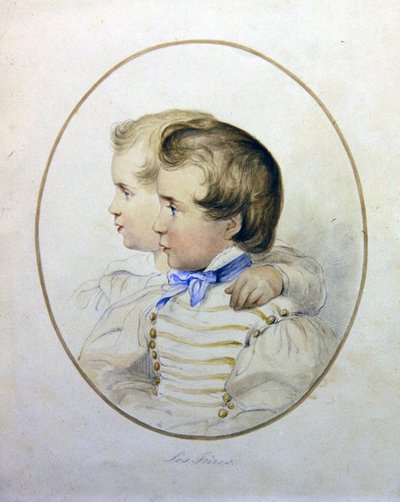Portrett av to brødre i militærdrakt, ca. 1840 (akvarell på papir) av English School