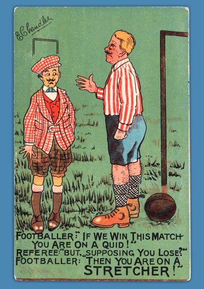 Postkort som viser en karikatur av en spansk fotballspiller av English School