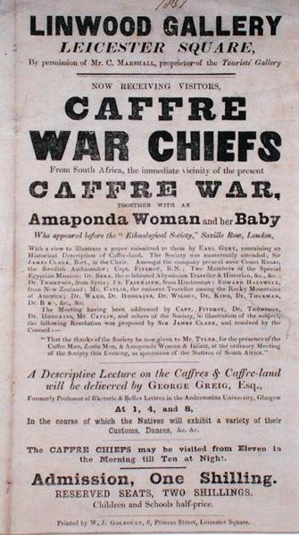 Plakat som annonserer et foredrag om Caffre War Chiefs på Linwood Gallery av English School