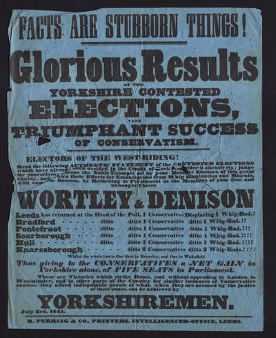 Plakat som feirer seier til konservative kandidater i parlamentsvalget i Yorkshire av English School