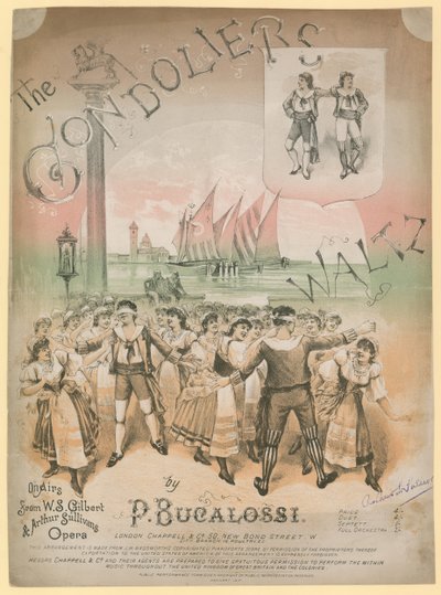 Plakat for The Gondoliers Waltz av P Bucalossi på lufta av W S Gilbert og Arthur Sullivans opera av English School