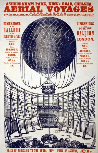 Plakat som promoterer "Aerial Voyages over London", pub . 1867 (fargelitografi) av English School
