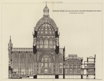 Premiert design, snitt fra forsiden til baksiden New Parliament House Berlin (gravering) av English School