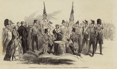 Presentasjon av nye farger til det 43. regiment av den ærede dame Pakenham, i Portsmouth (gravering) av English School