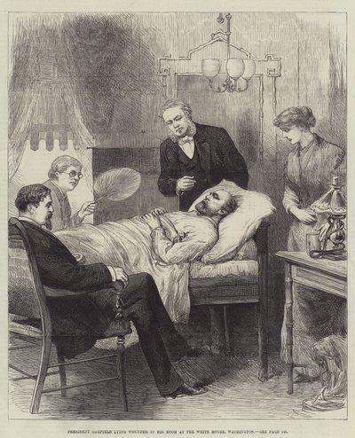 President Garfield ligger såret på rommet sitt i Det hvite hus, Washington av English School