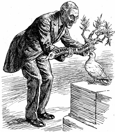 President Wilson gir Fredsduen en olivengren merket «Folkeforbundet», fra «Punch», London, 26. mars 1919 (trykk) av English School