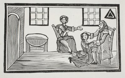 Pretty Bessie mottar farens velsignelse når hun skal søke sitt eget levebrød, illustrasjon fra Chap-books of the Eighteenth Century av John Ashton, pub. 1882 av English School