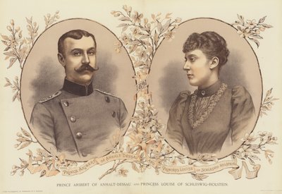 Prins Aribert av Anhalt-Dessau og prinsesse Louise av Schleswig-Holstein (chromolitho) av English School