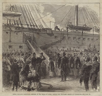 Prins Tokugawa Minbutaiho, bror til Tycoon of Japan, besøker HM Troop-Ship Serapis i Portsmouth (gravering) av English School