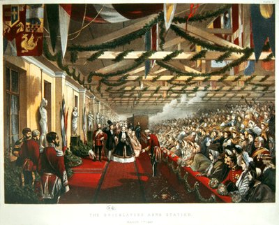 Prinsesse Alexandra av Danmark ankom London 7. mars 1863 på The Bricklayers Arms Station med sin fremtidige ektemann, prinsen av Wales. 1863 (farge litho) av English School