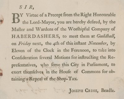 Trykt brev fra Joseph Crish, Beadle of Guildhall, London av English School