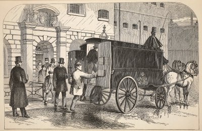 Prison van tar opp fanger i House of Detention, illustrasjon fra The Criminal Prisons of London og Scenes from Prison Life av Henry Mayhew og John Binny, pub. 1862 av English School