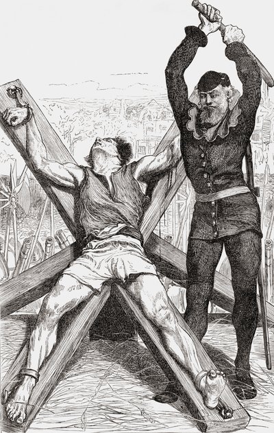 Fange blir torturert på St. Andrews Cross, ca. 1865 (tregravering) av English School