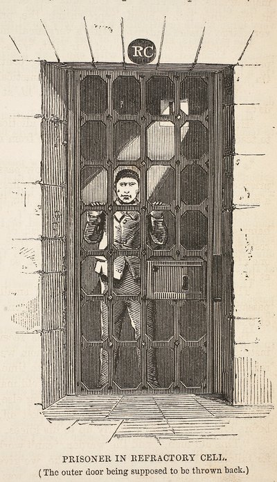 Prisoner in Refractory cell (ytterdøren er ment å bli kastet tilbake), illustrasjon fra The Criminal Prisons of London og Scenes from Prison Life av Henry Mayhew og John Binny, pub. 1862 (e av English School