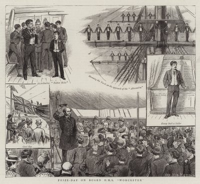Premiedag om bord på HMS Worcester (gravering) av English School