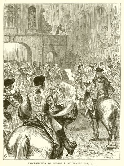 Proklamasjon av George I ved Temple Bar, 1714 av English School