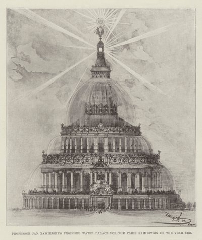 Professor Jan Zawiejskis foreslåtte vannpalass for Årets Paris-utstilling 1900 (litho) av English School