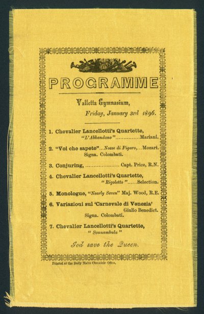 Program for Valletta Gymnasium, 3. januar 1896 (trykk) av English School