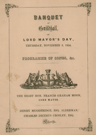 Program for banketten i Guildhall, London, 9. november 1854 av English School