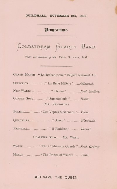 Program for banketten i Guildhall, London, 9. november 1866 av English School